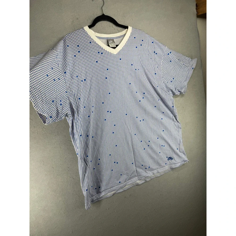 Nike Sportswear Mens 3XL V-Neck vintage T-Shirt Blue White Grid Nike Air Logo